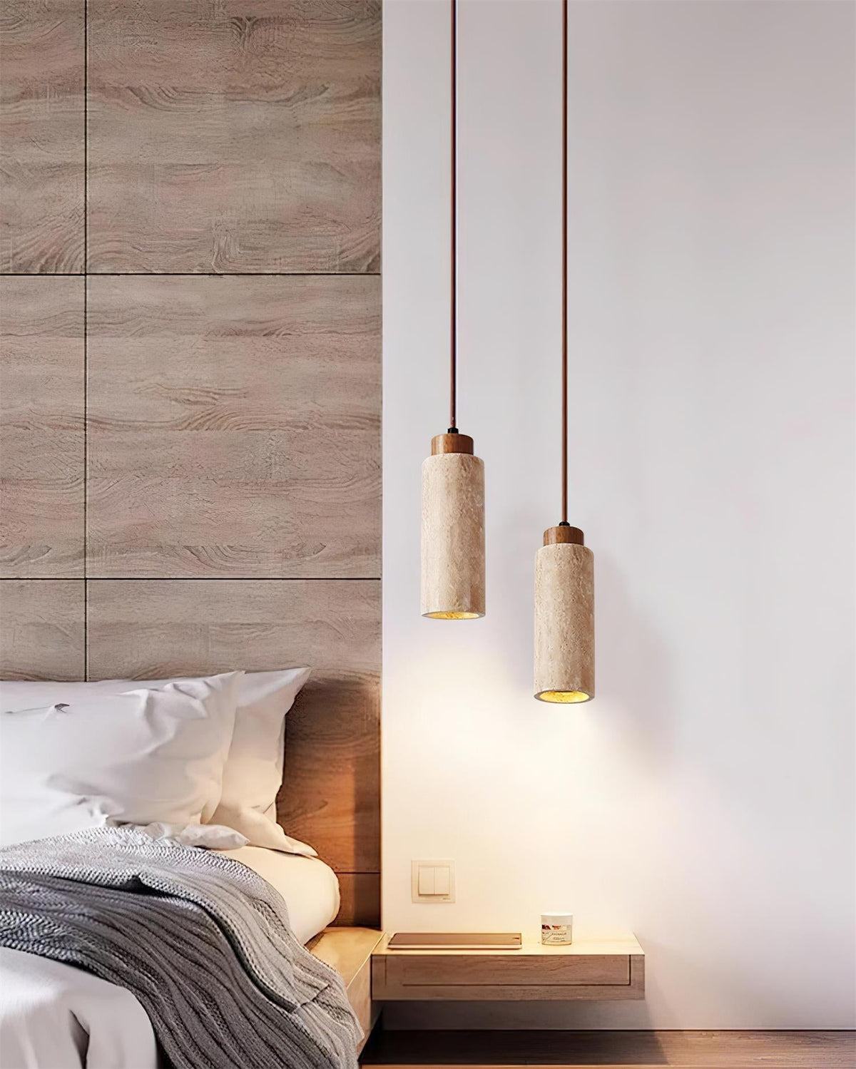 Nerova lámpara colgante minimalista de madera con acabado en travertino