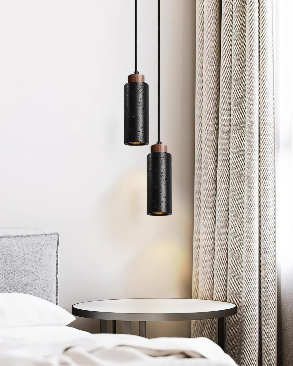 Nerova lámpara colgante minimalista de madera con acabado en travertino