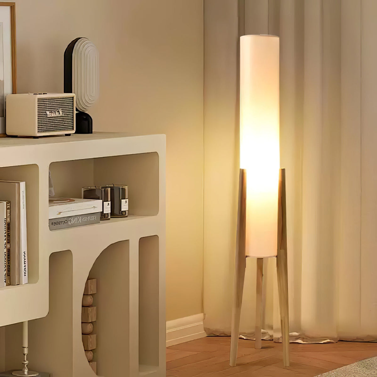 Triluxe lámpara de pie moderna de madera y tejido