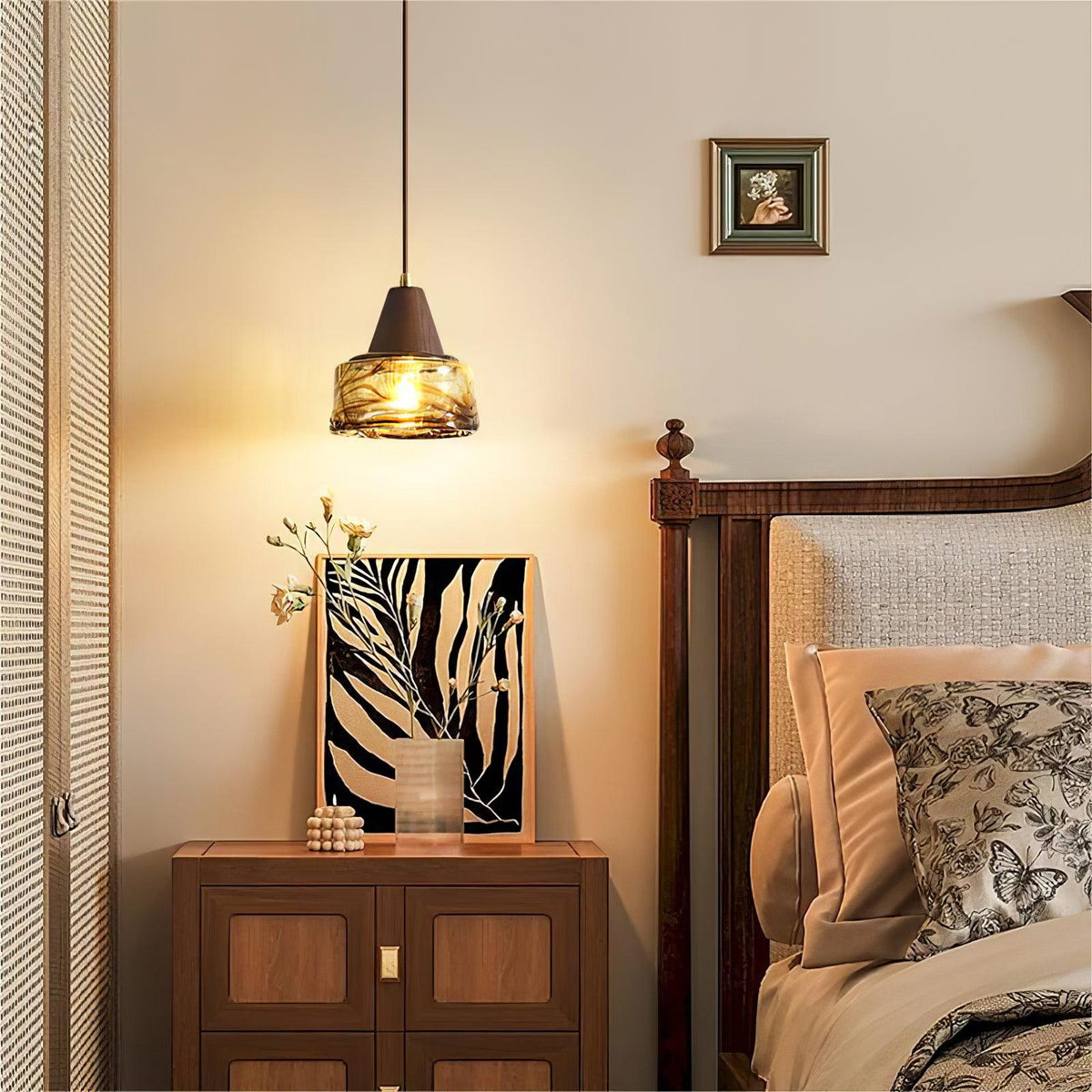 Lámpara colgante de vidrio ámbar y madera superior vintage artística