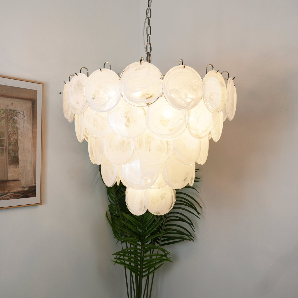 Veloelle lámpara de araña blanca de vidrio Murano disc contemporáneo