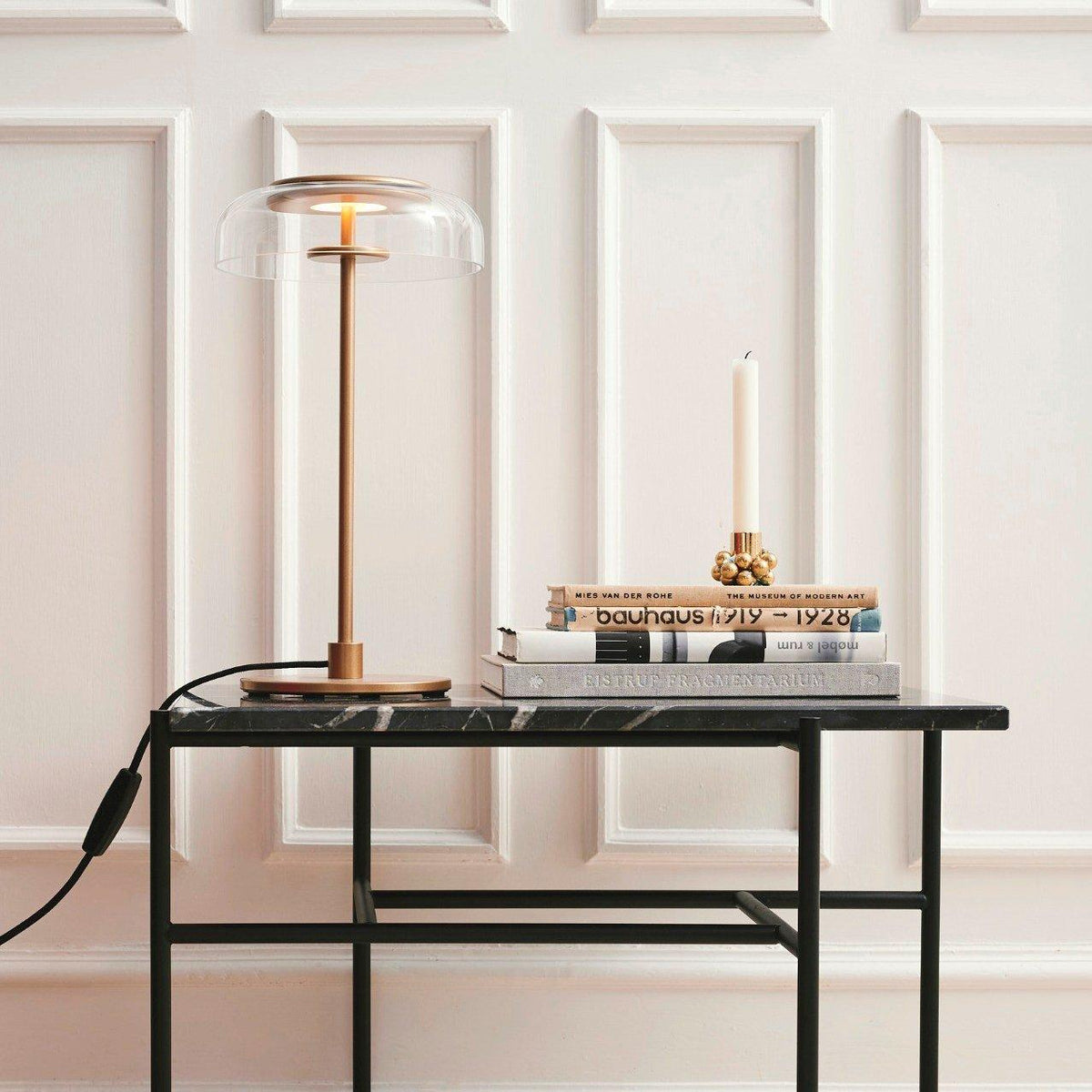 Rinelette lámpara de mesa con pantalla de vidrio transparente y base de madera