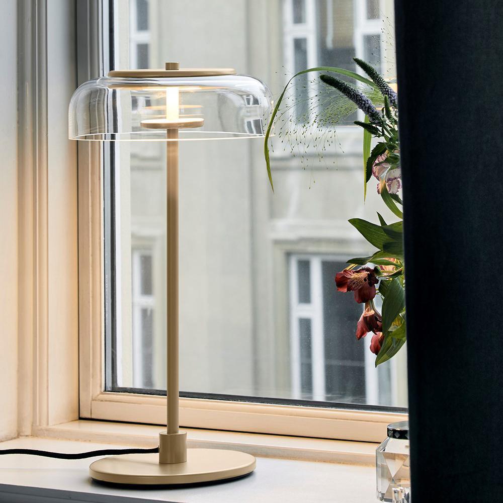 Rinelette lámpara de mesa con pantalla de vidrio transparente y base de madera