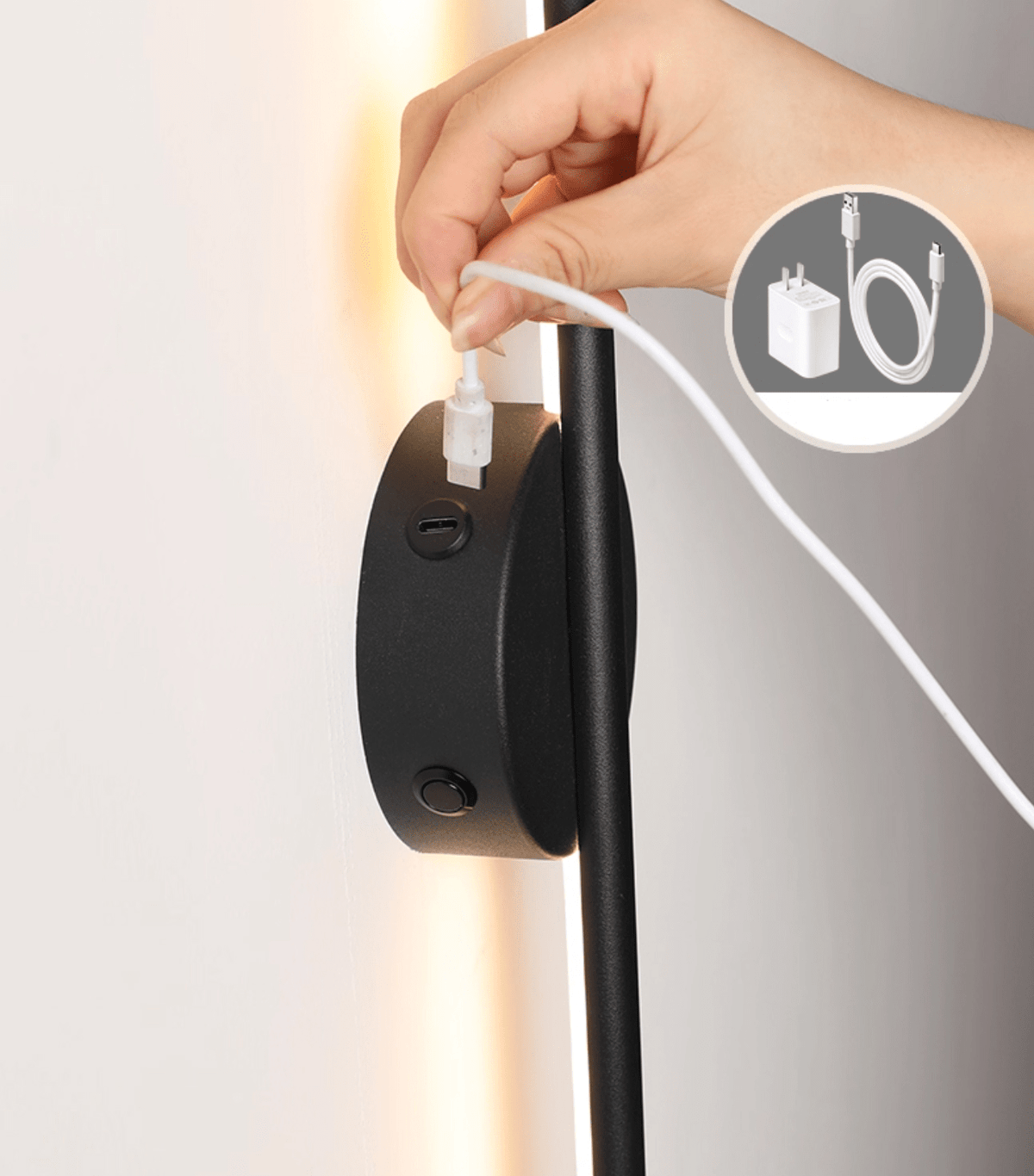 Fral aplique de pared negro con cable recargable y control táctil