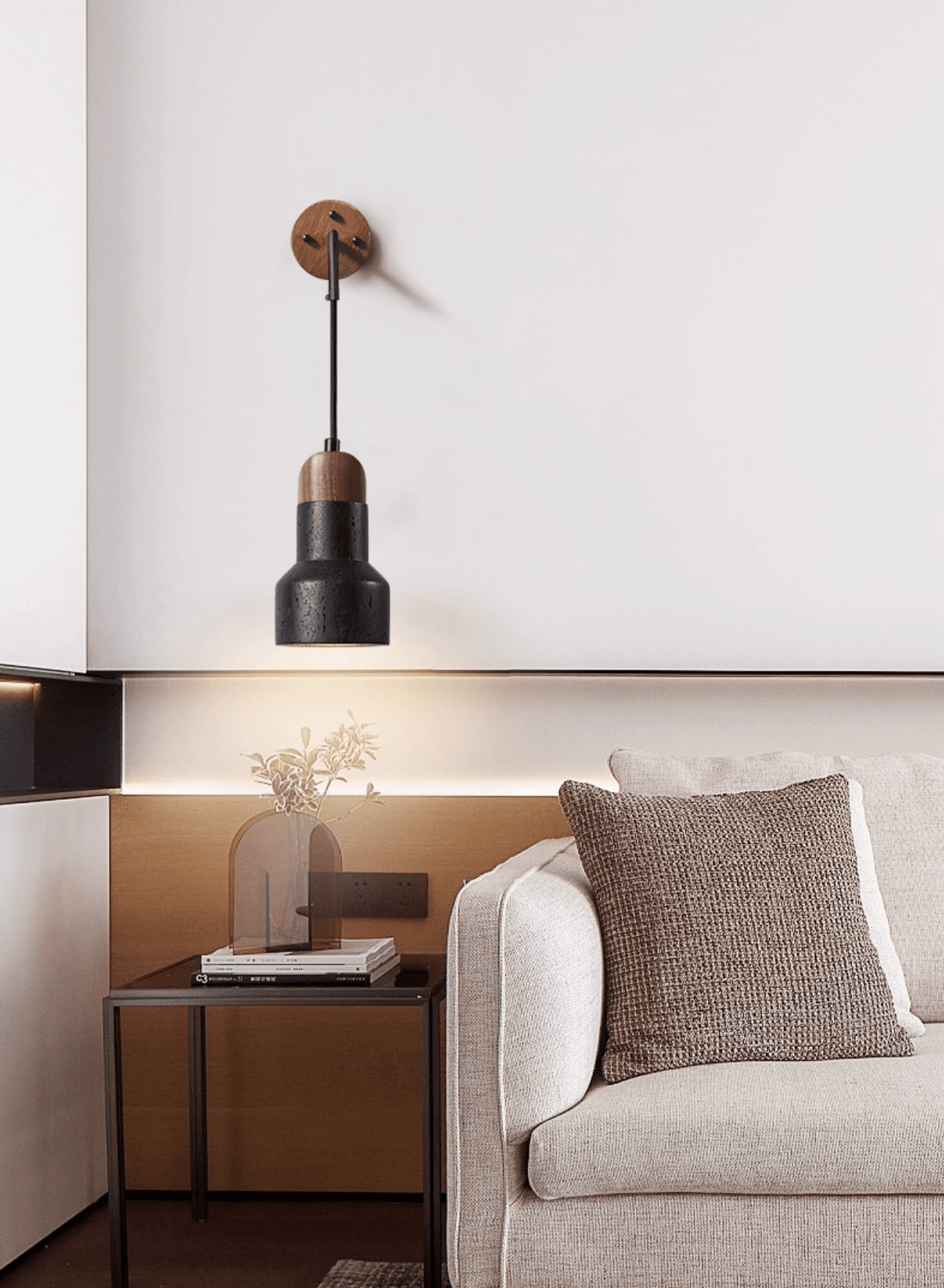 Alcarion aplique de pared vintage negro con cuerda de travertino