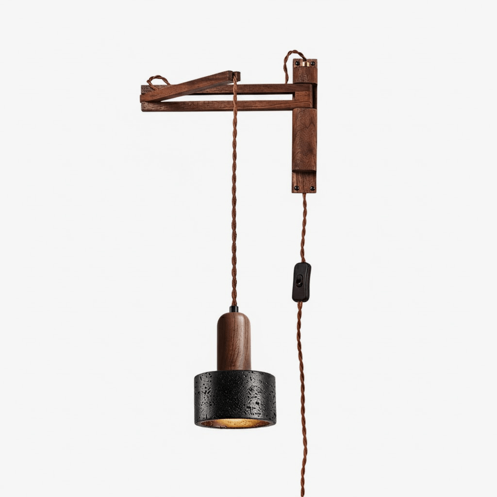 Nulso aplique de pared regulable con enchufe negro de travertino y madera enchufable