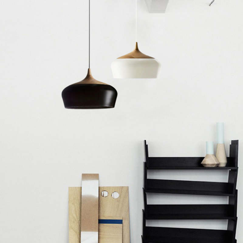 Nordic Minimalista Semicircular Matel/Madera Lámpara Colgante Blanca/Negra