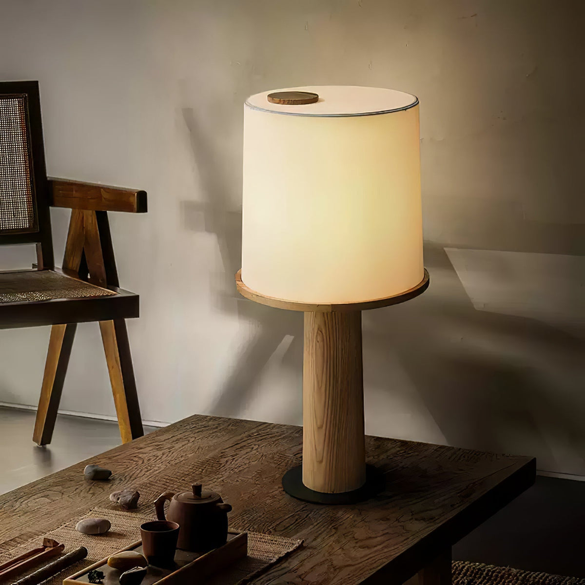 Rinirielle lámpara de mesa contemporánea de madera y tejido