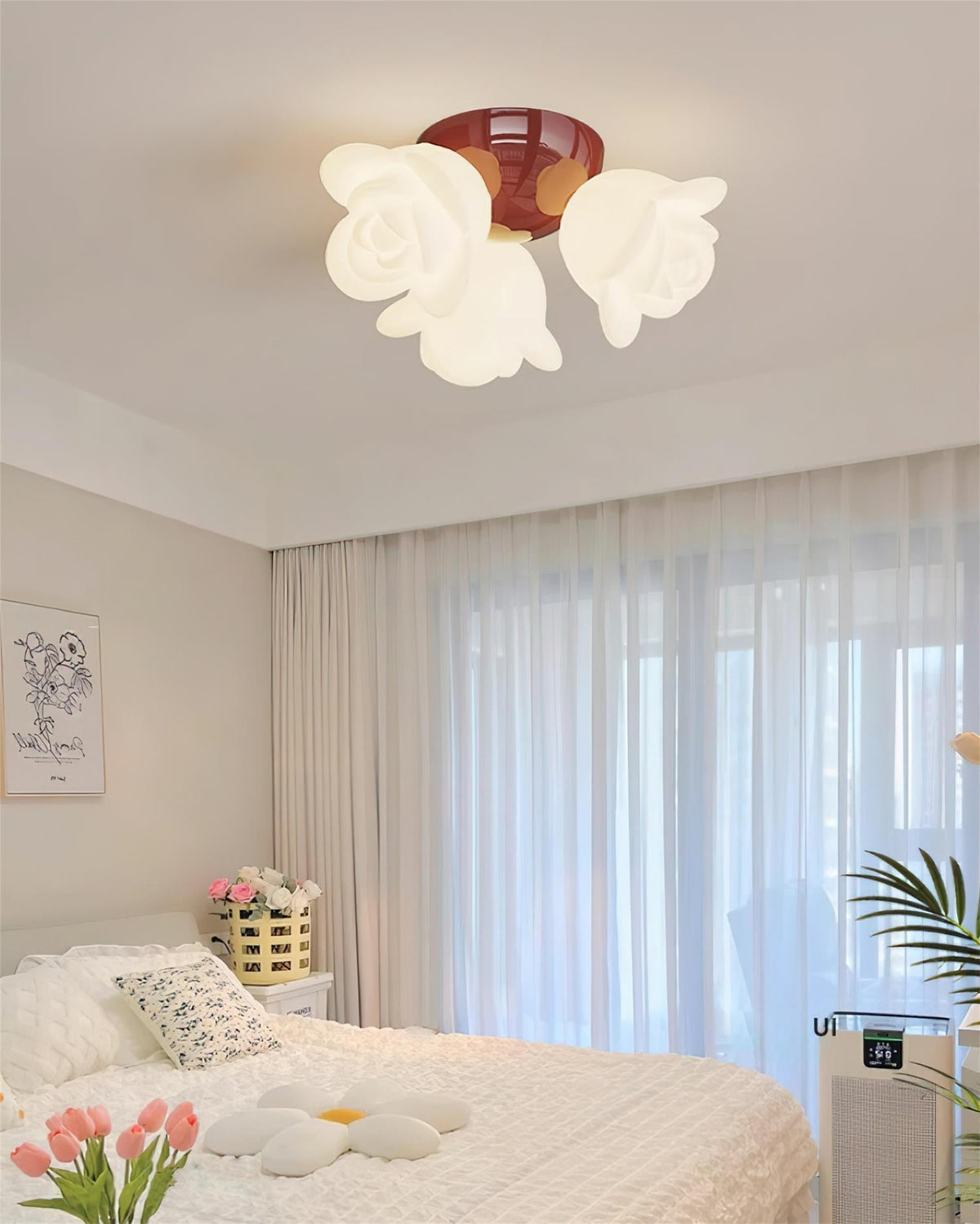Lámpara de techo con florón metálico y forma floral artística en rosa PE de metal