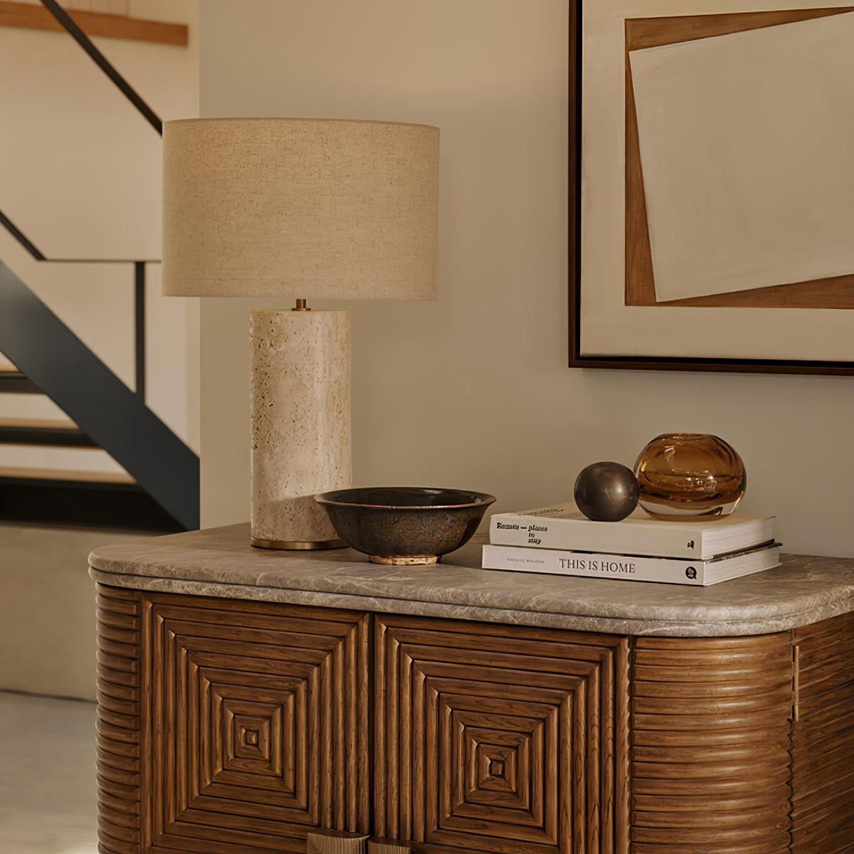 Vonoryra lámpara de mesa cilíndrica de travertino
