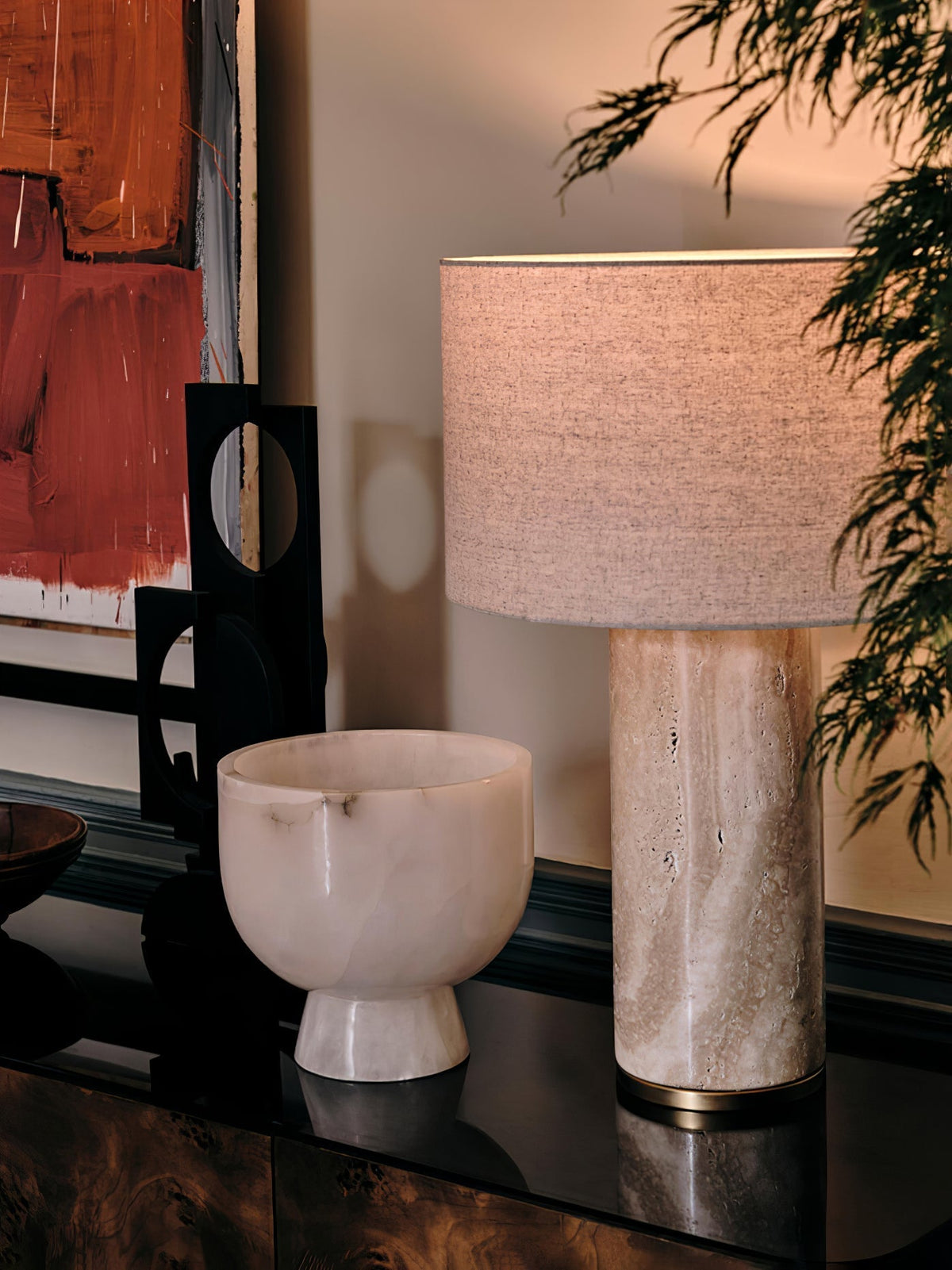 Vonoryra lámpara de mesa cilíndrica de travertino