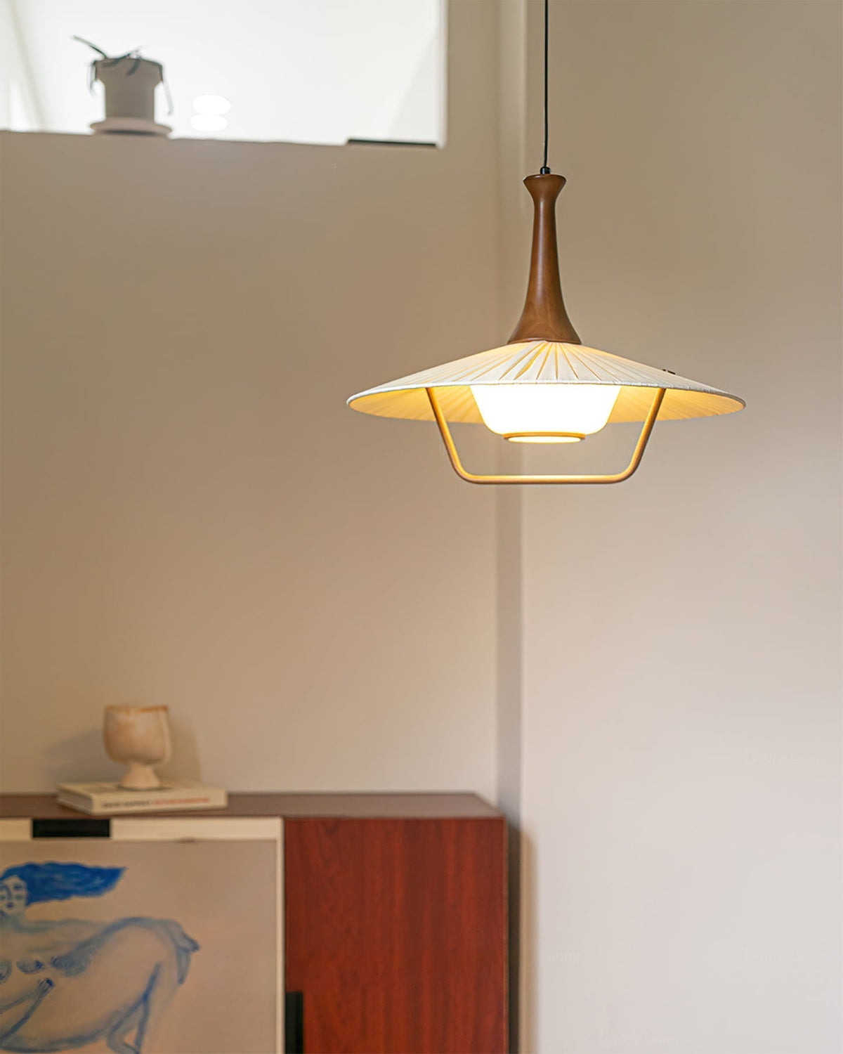 Vionne lámpara colgante de madera y blanco estilo mid-century