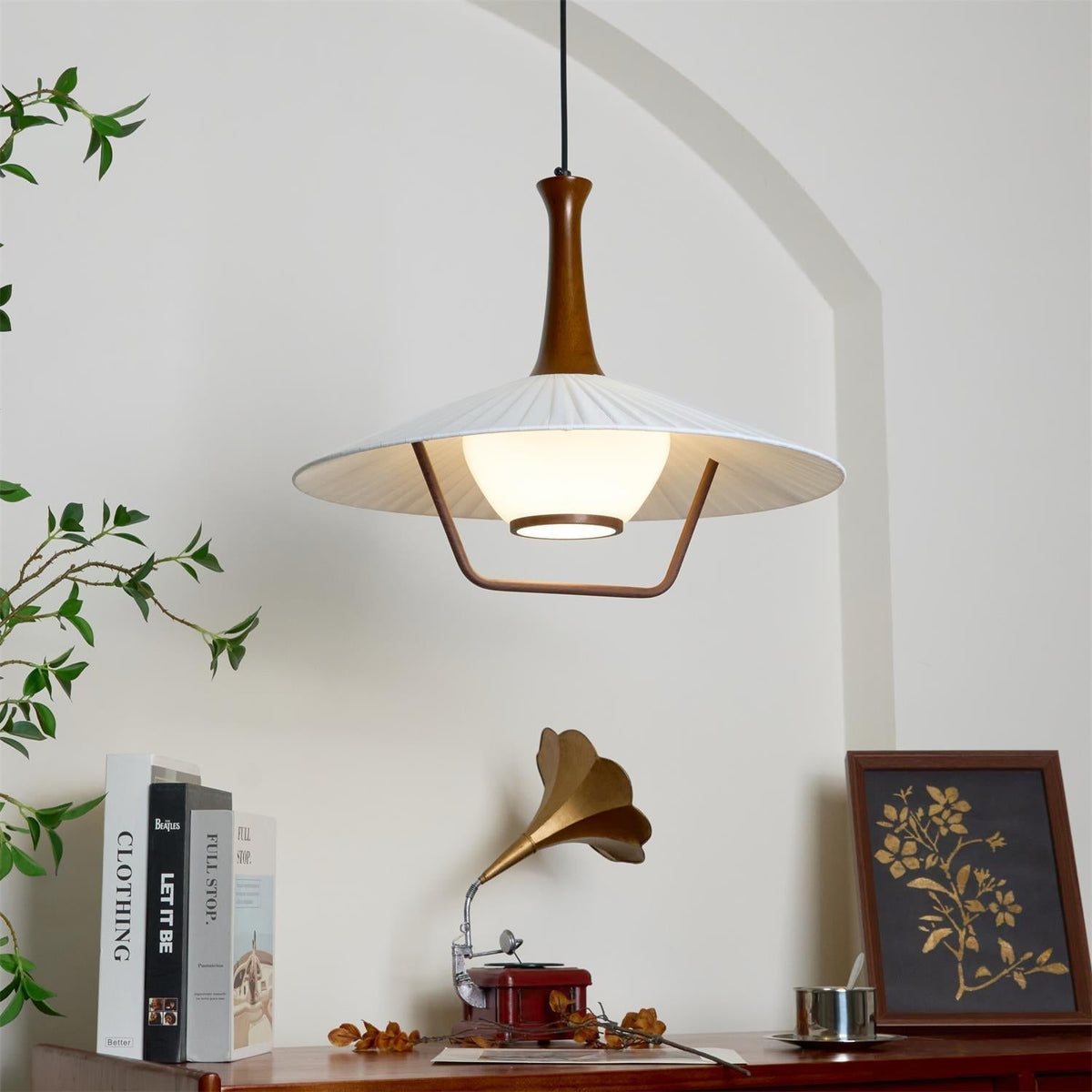 Vionne lámpara colgante de madera y blanco estilo mid-century