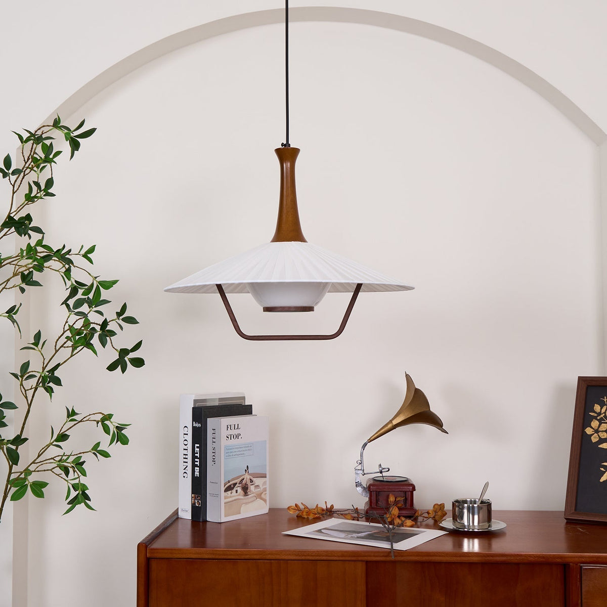 Vionne lámpara colgante de madera y blanco estilo mid-century