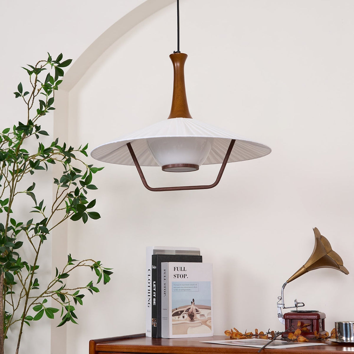 Vionne lámpara colgante de madera y blanco estilo mid-century