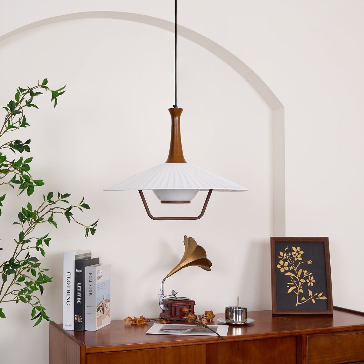 Vionne lámpara colgante de madera y blanco estilo mid-century