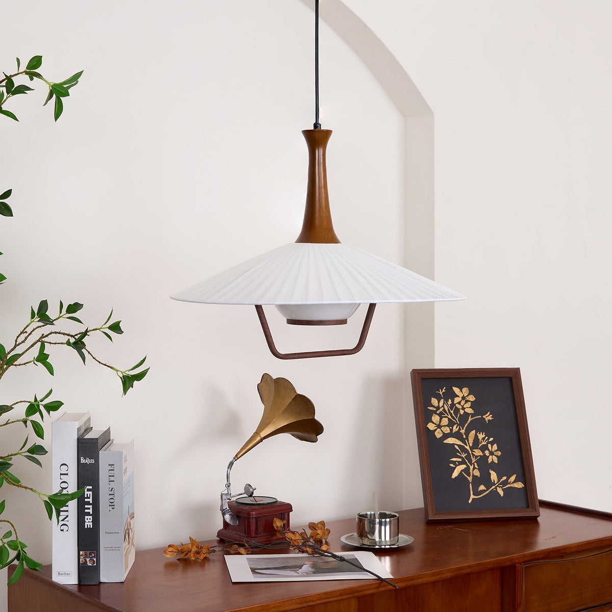 Vionne lámpara colgante de madera y blanco estilo mid-century
