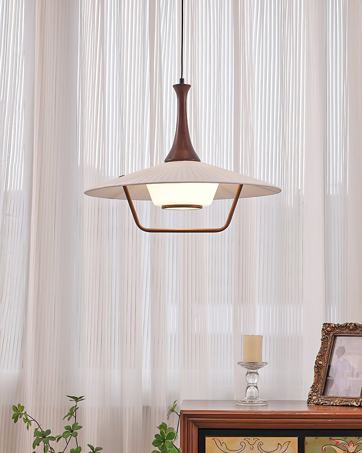 Vionne lámpara colgante de madera y blanco estilo mid-century