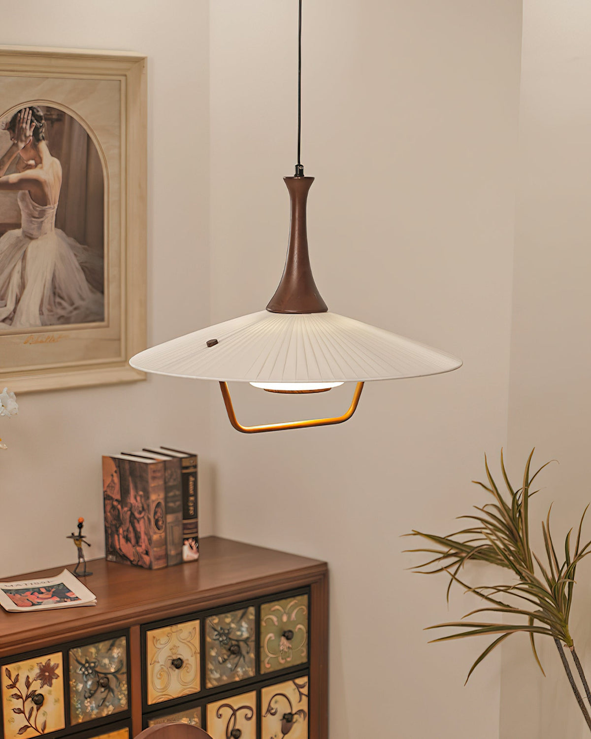 Vionne lámpara colgante de madera y blanco estilo mid-century