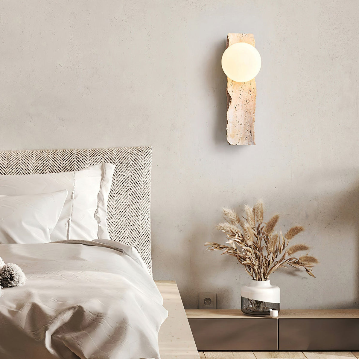 Tavivelia aplique de pared con cuerpo de travertino y sombra de vidrio