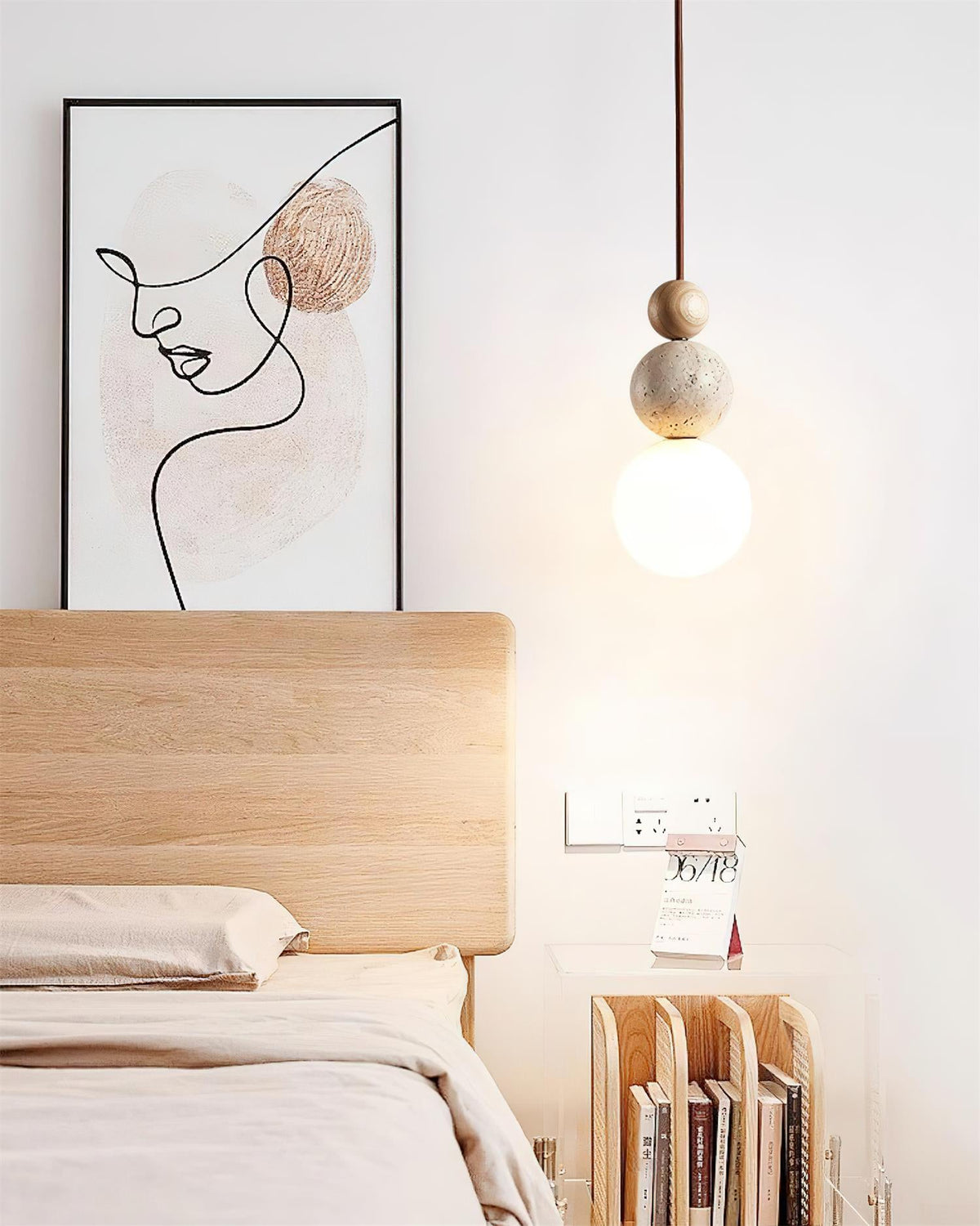 Giona lámpara colgante con esfera de travertino y madera neutro