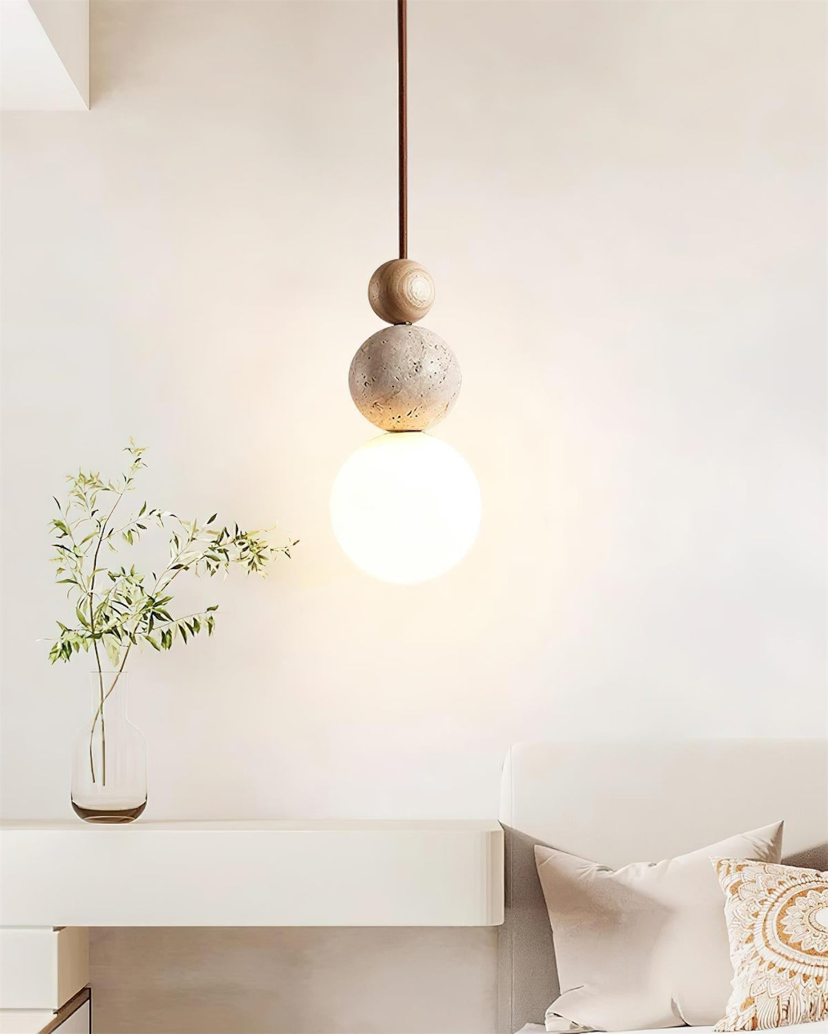Giona lámpara colgante con esfera de travertino y madera neutro