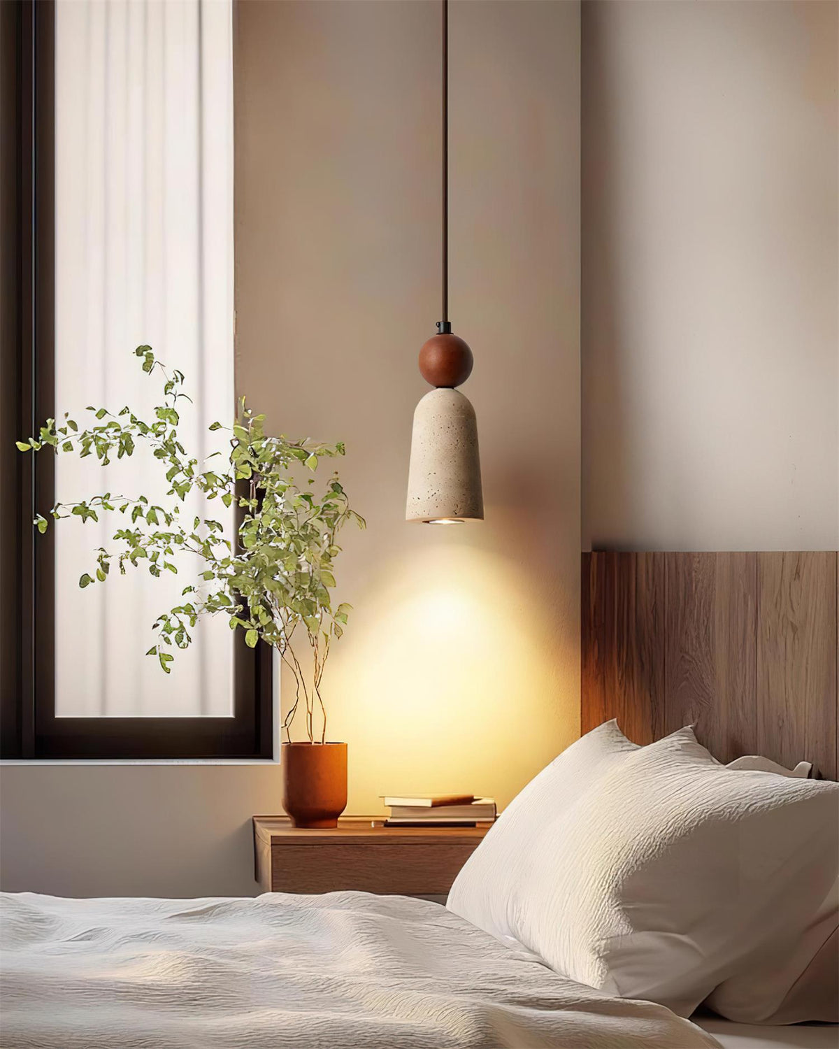 Nolira lámpara colgante de madera con pantalla de travertino natural