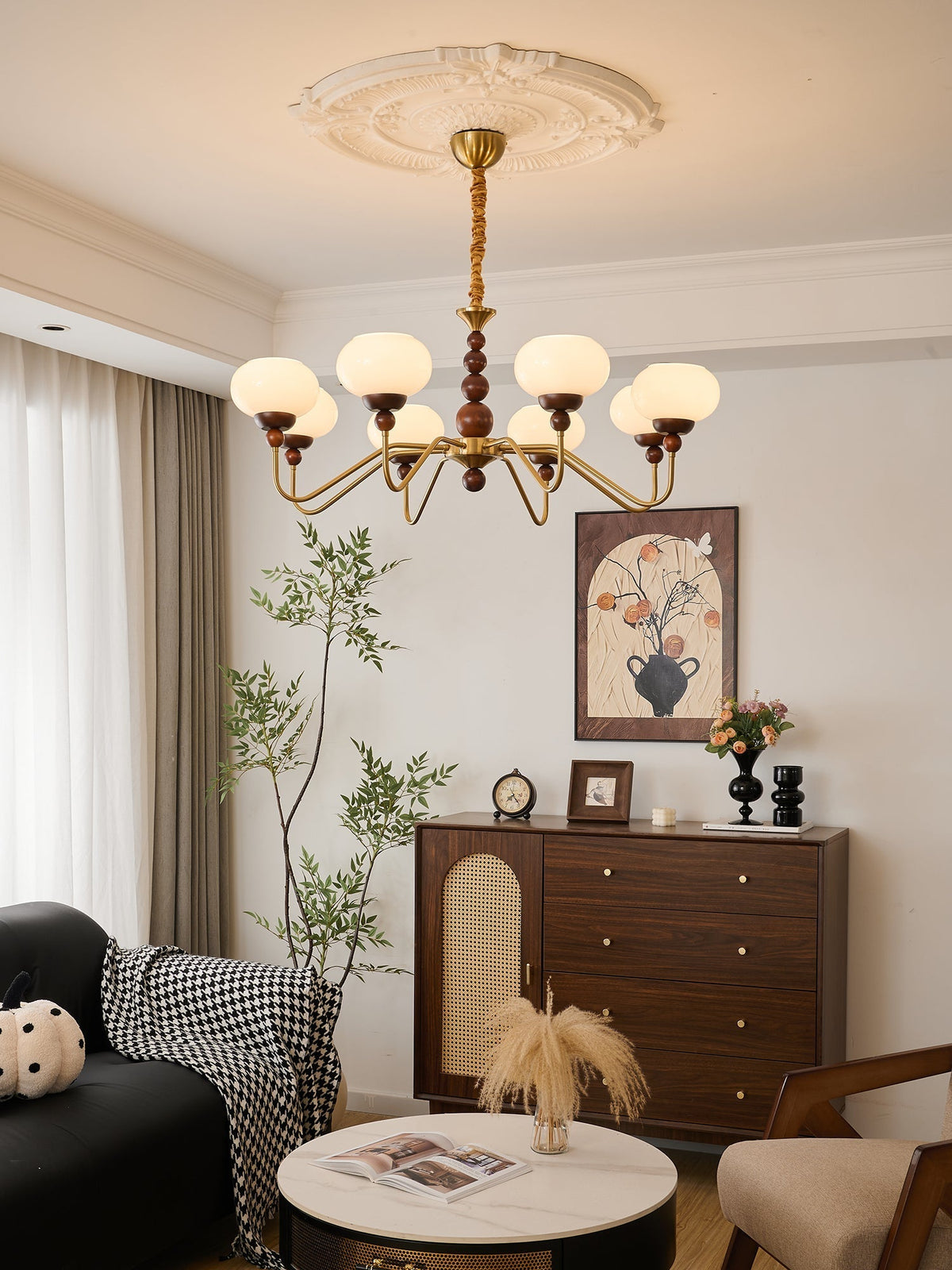 Sylaian lámpara de araña vidrio madera latón moderna 6-Light