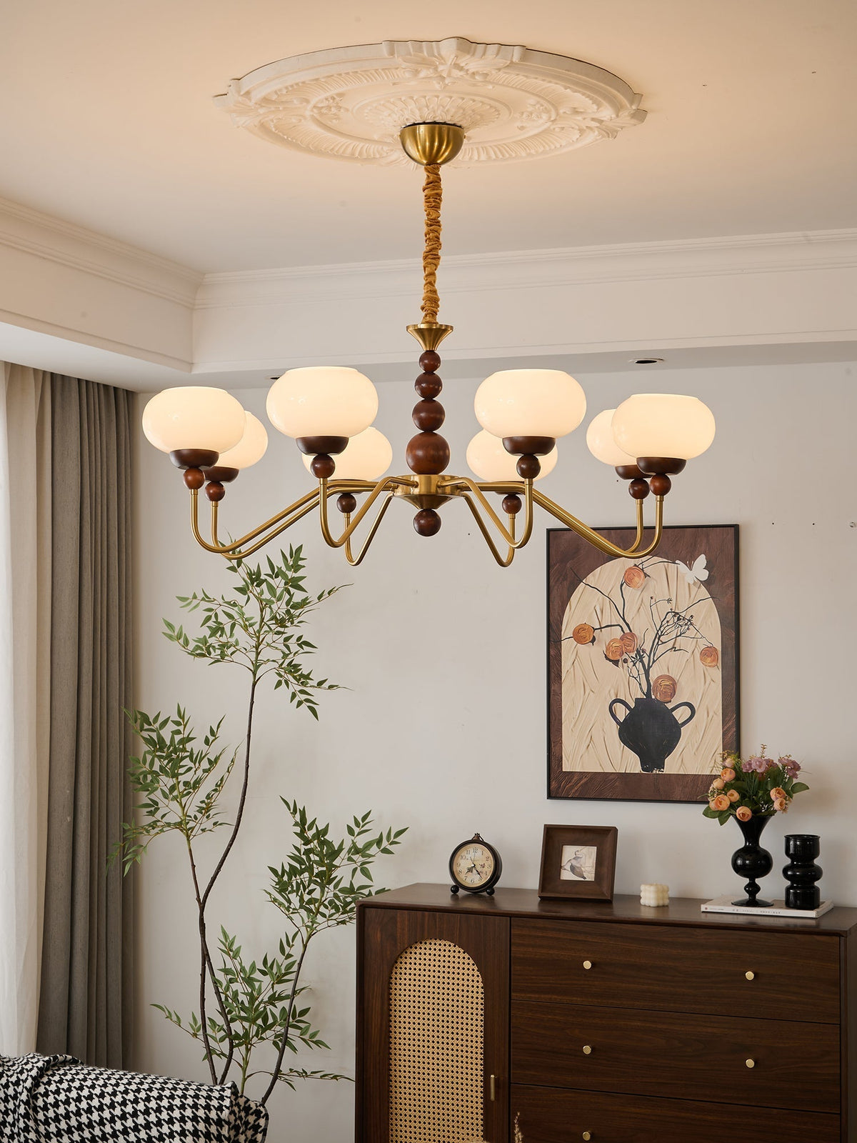 Sylaian lámpara de araña vidrio madera latón moderna 6-Light