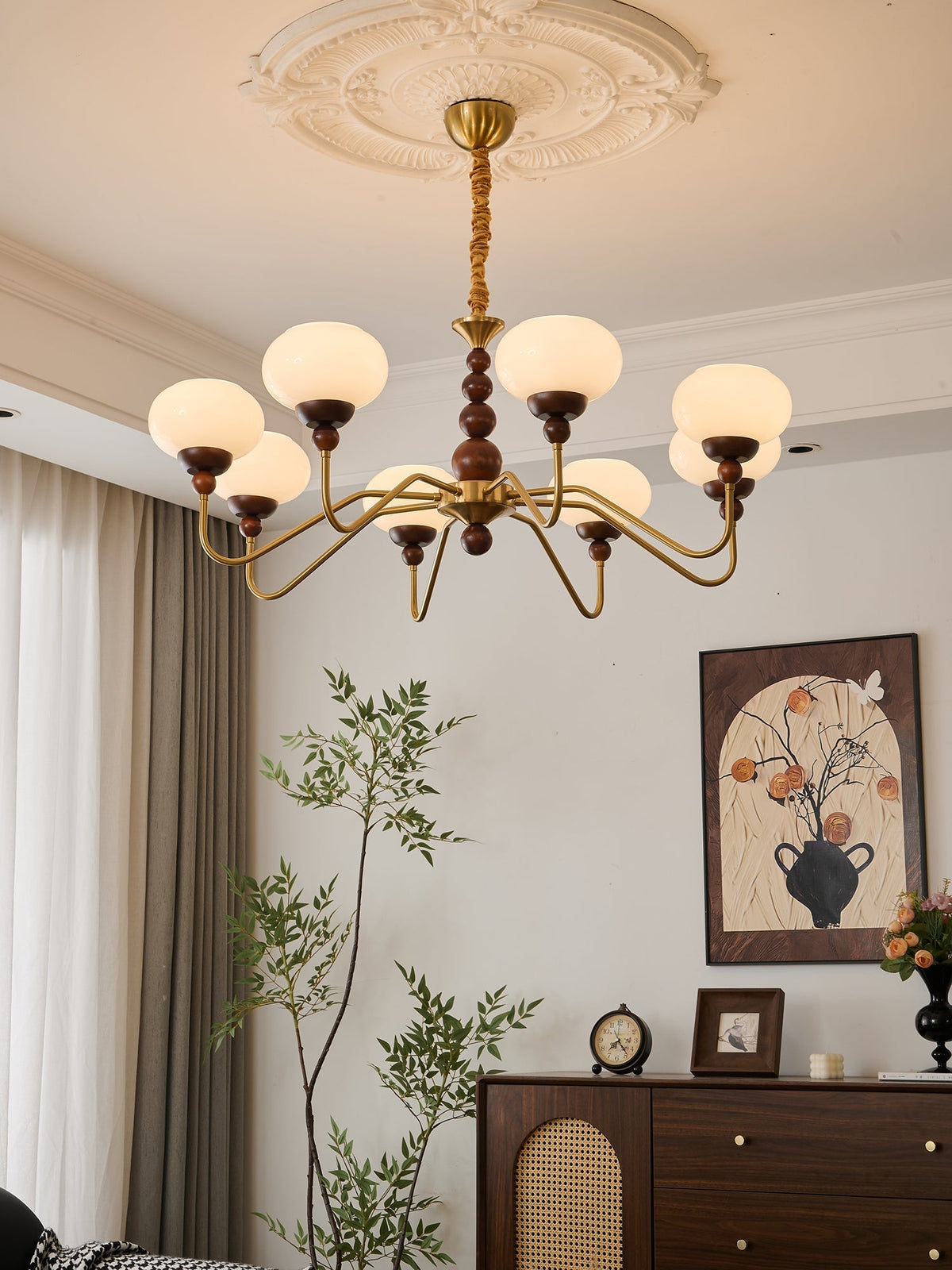 Sylaian lámpara de araña vidrio madera latón moderna 6-Light