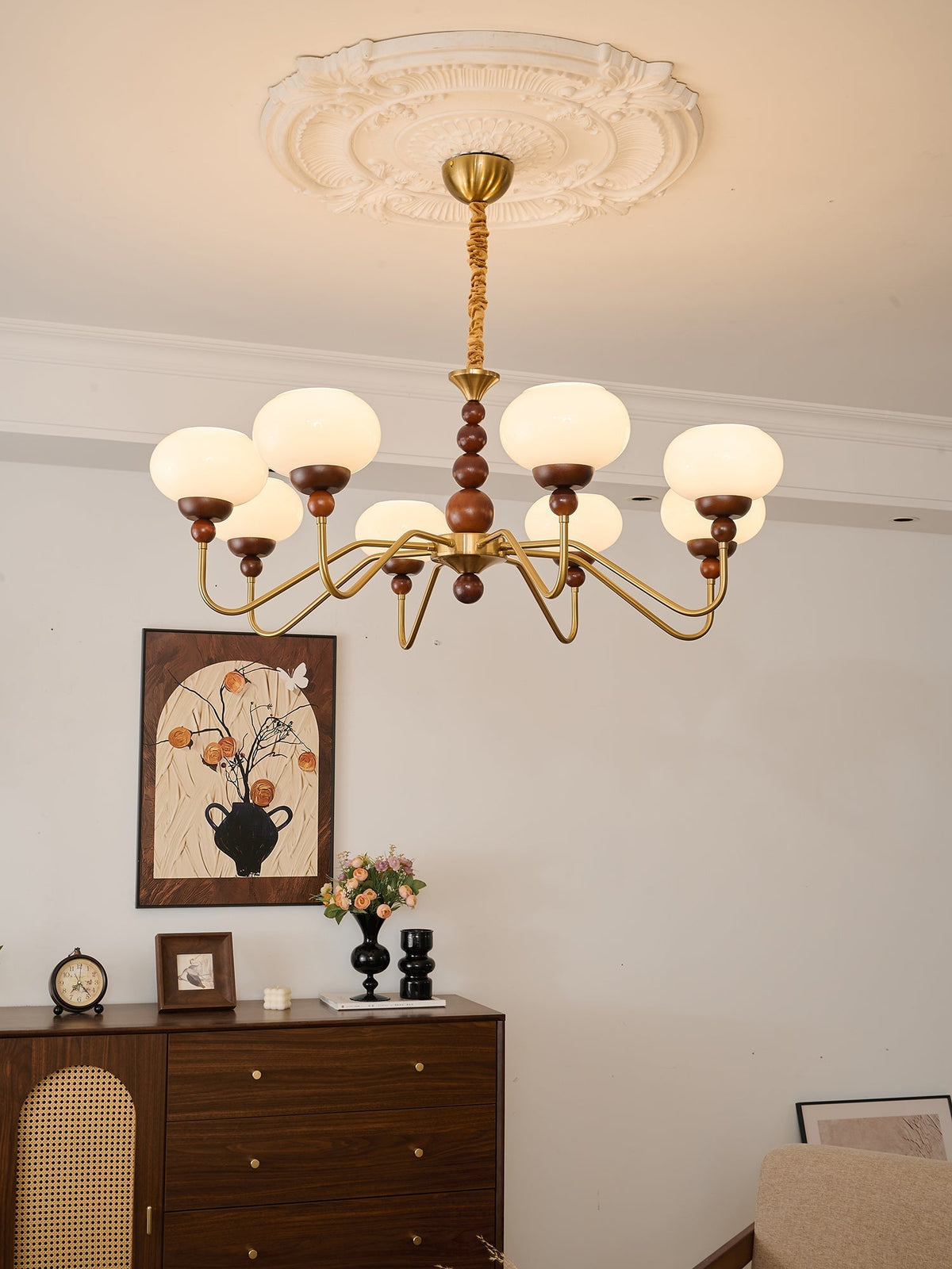 Sylaian lámpara de araña vidrio madera latón moderna 6-Light