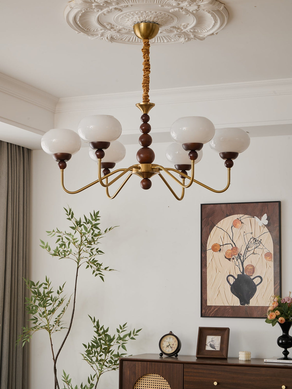 Sylaian lámpara de araña vidrio madera latón moderna 6-Light