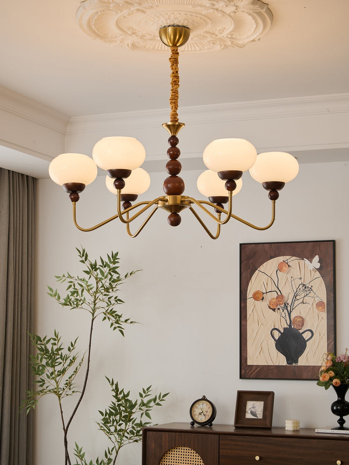 Sylaian lámpara de araña vidrio madera latón moderna 6-Light