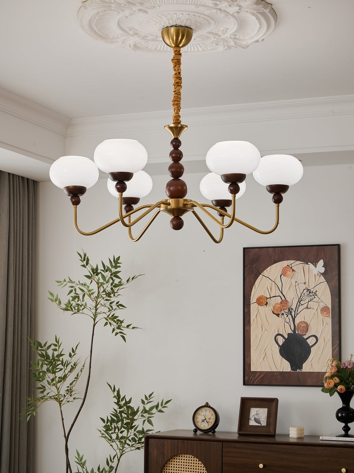 Sylaian lámpara de araña vidrio madera latón moderna 6-Light