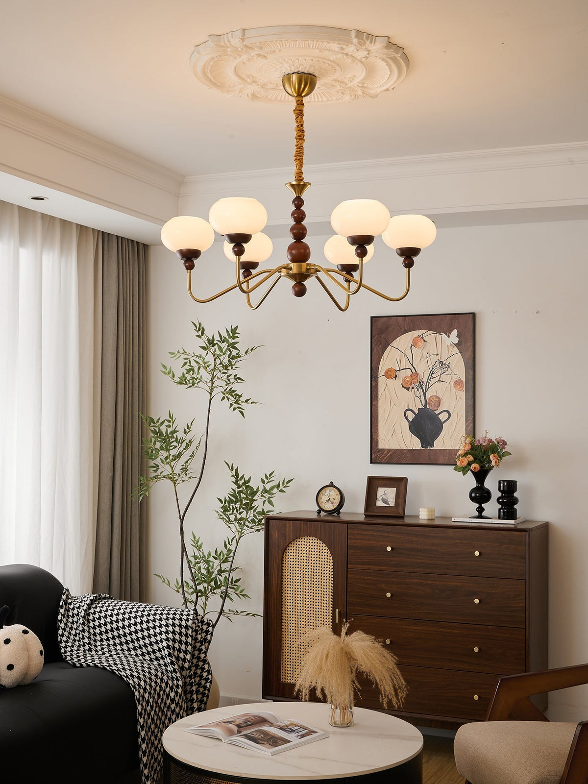 Sylaian lámpara de araña vidrio madera latón moderna 6-Light