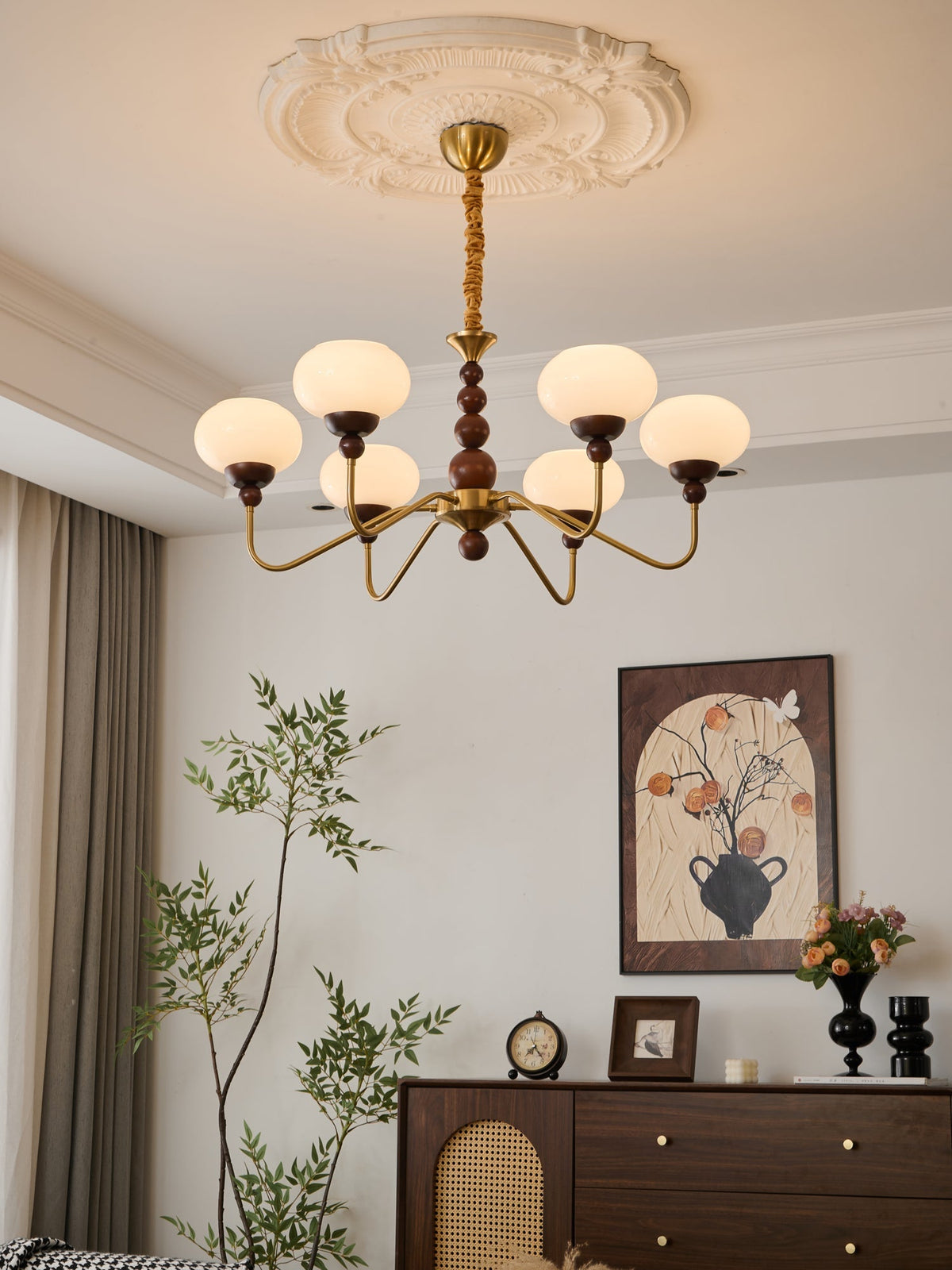 Sylaian lámpara de araña vidrio madera latón moderna 6-Light
