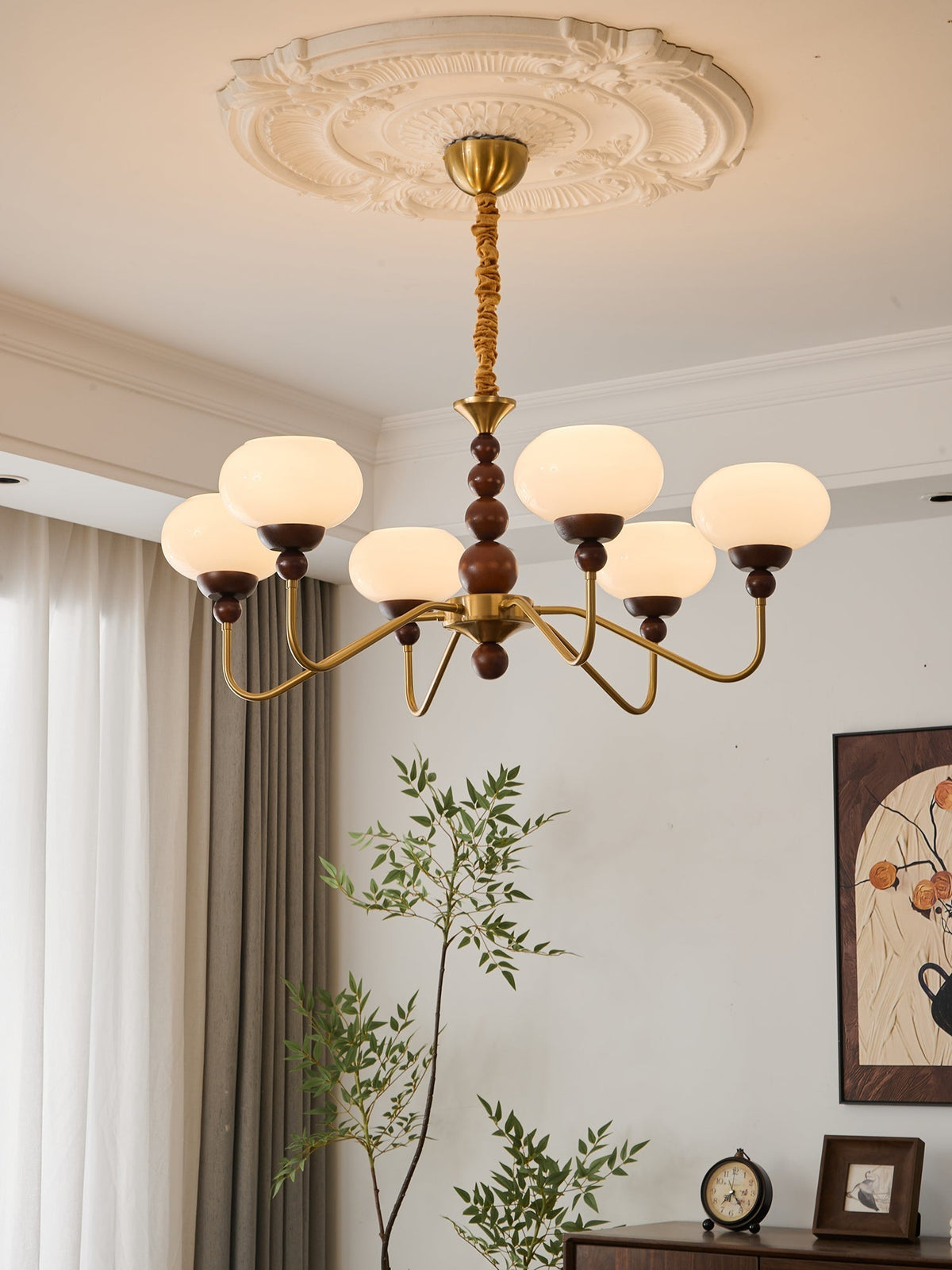 Sylaian lámpara de araña vidrio madera latón moderna 6-Light