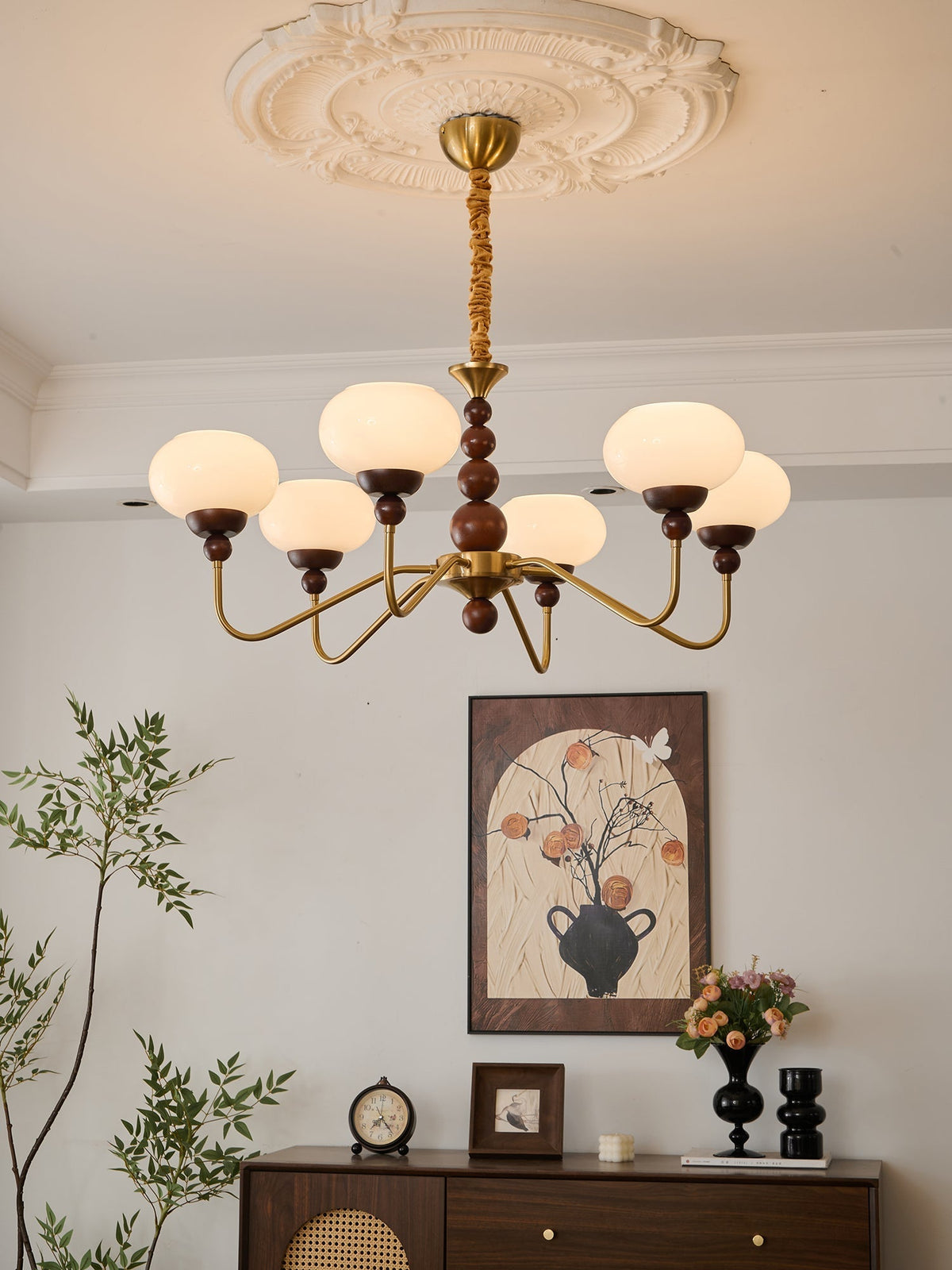 Sylaian lámpara de araña vidrio madera latón moderna 6-Light