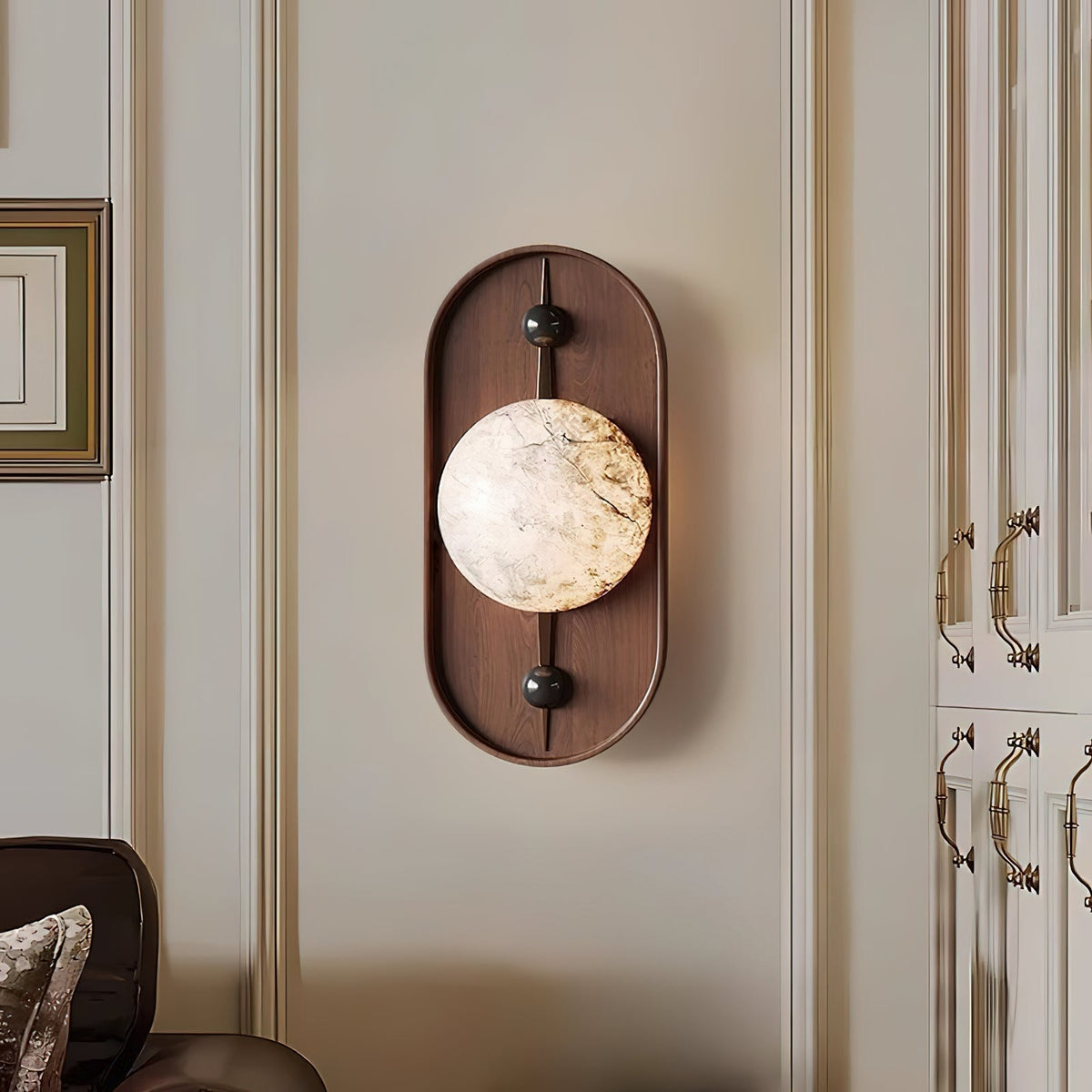 Nivuielle aplique de pared oval alabastro madera color nogal