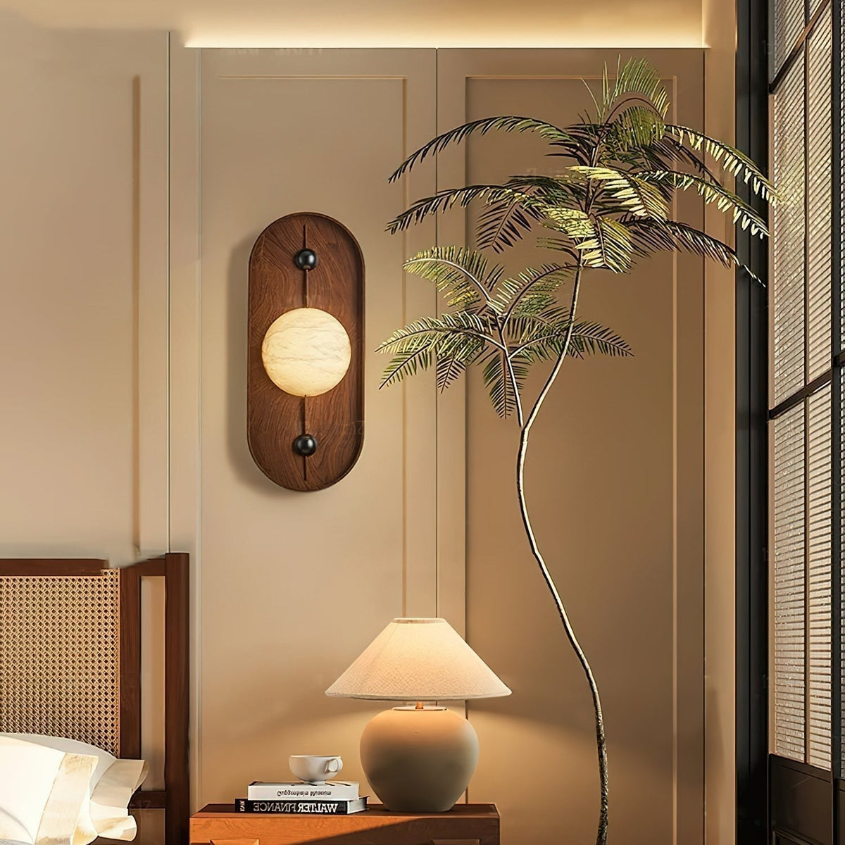 Nivuielle aplique de pared oval alabastro madera color nogal