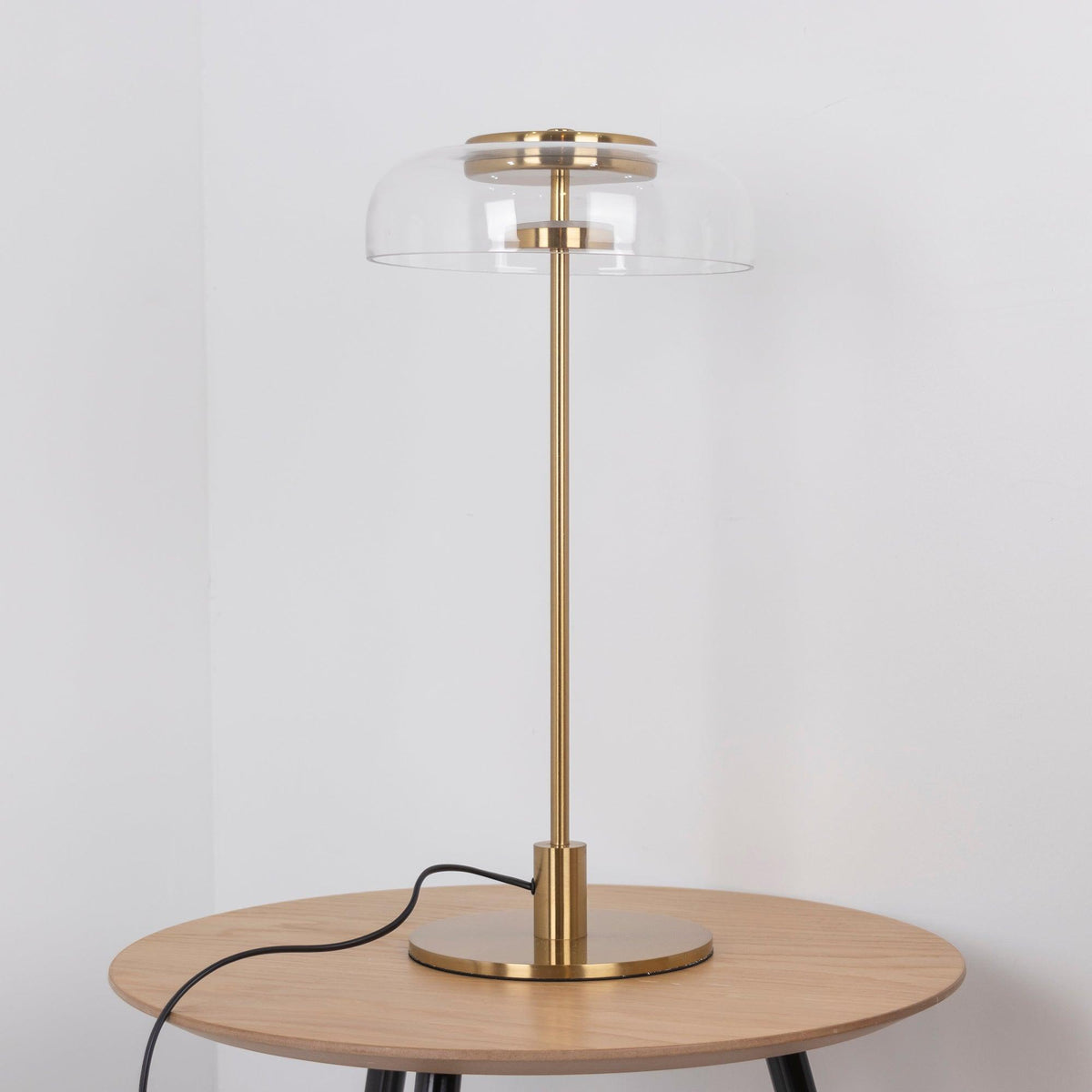 Rinelette lámpara de mesa con pantalla de vidrio transparente y base de madera