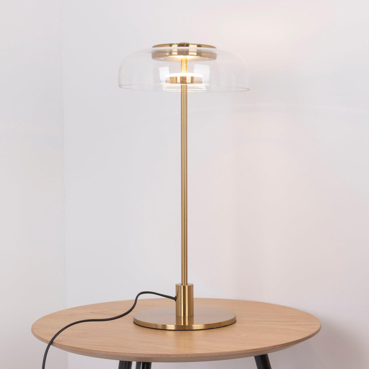 Rinelette lámpara de mesa con pantalla de vidrio transparente y base de madera