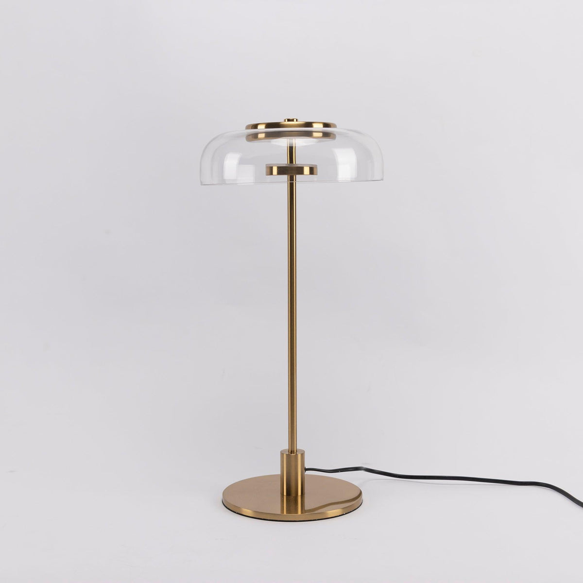 Rinelette lámpara de mesa con pantalla de vidrio transparente y base de madera