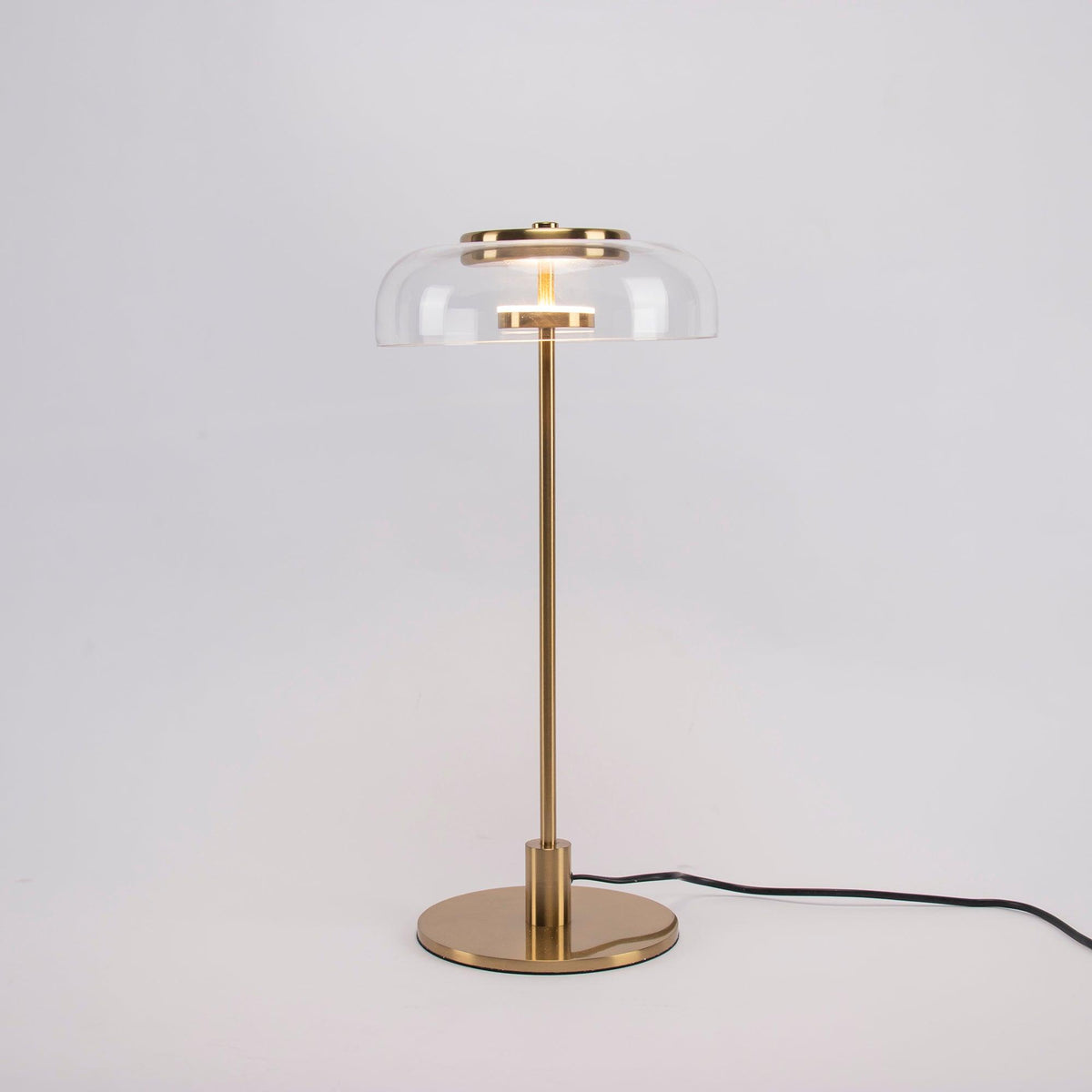 Rinelette lámpara de mesa con pantalla de vidrio transparente y base de madera