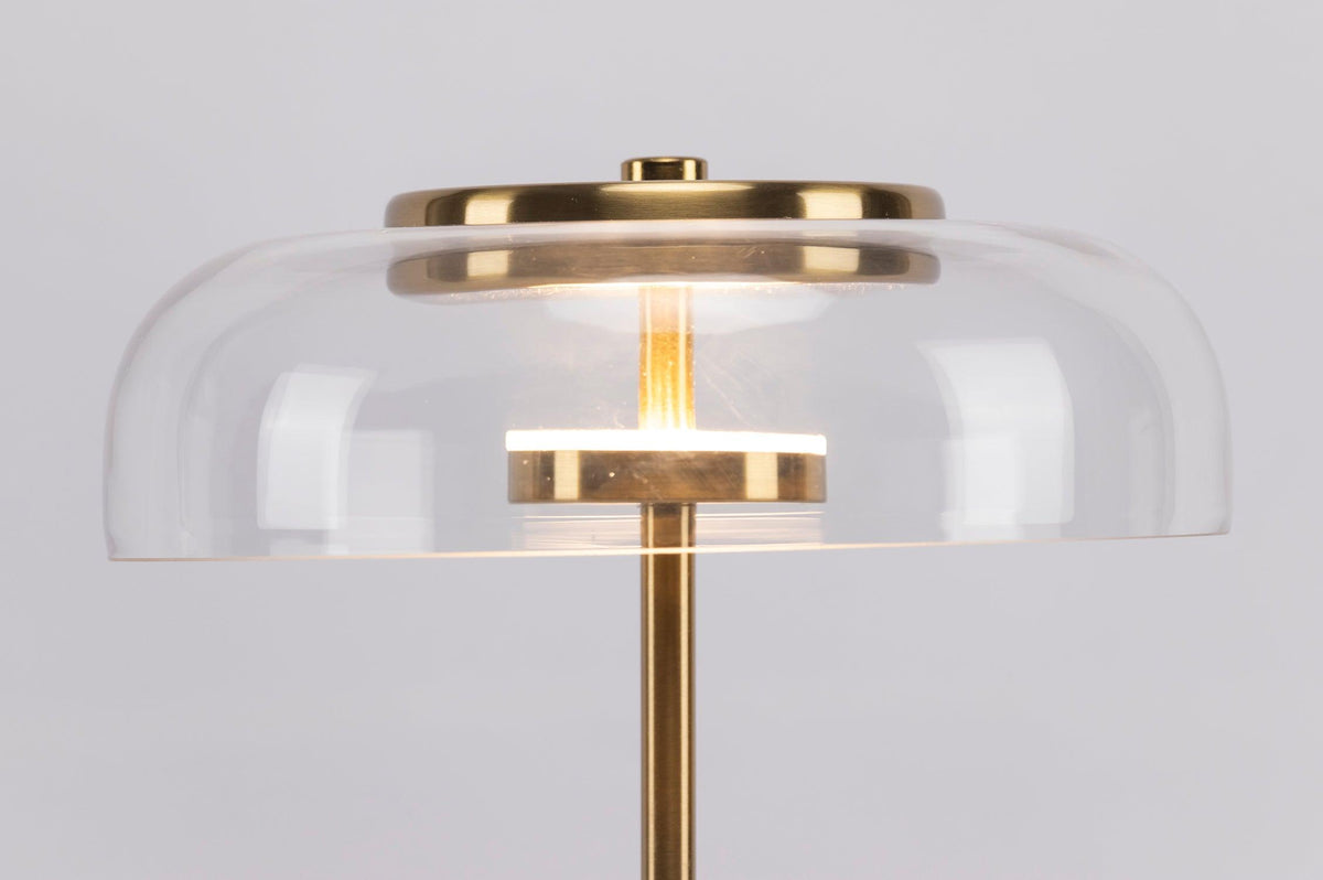 Rinelette lámpara de mesa con pantalla de vidrio transparente y base de madera