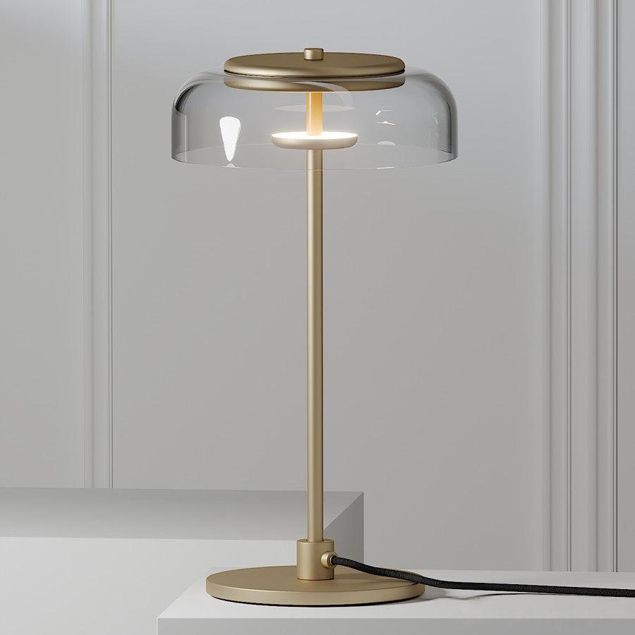 Rinelette lámpara de mesa con pantalla de vidrio transparente y base de madera