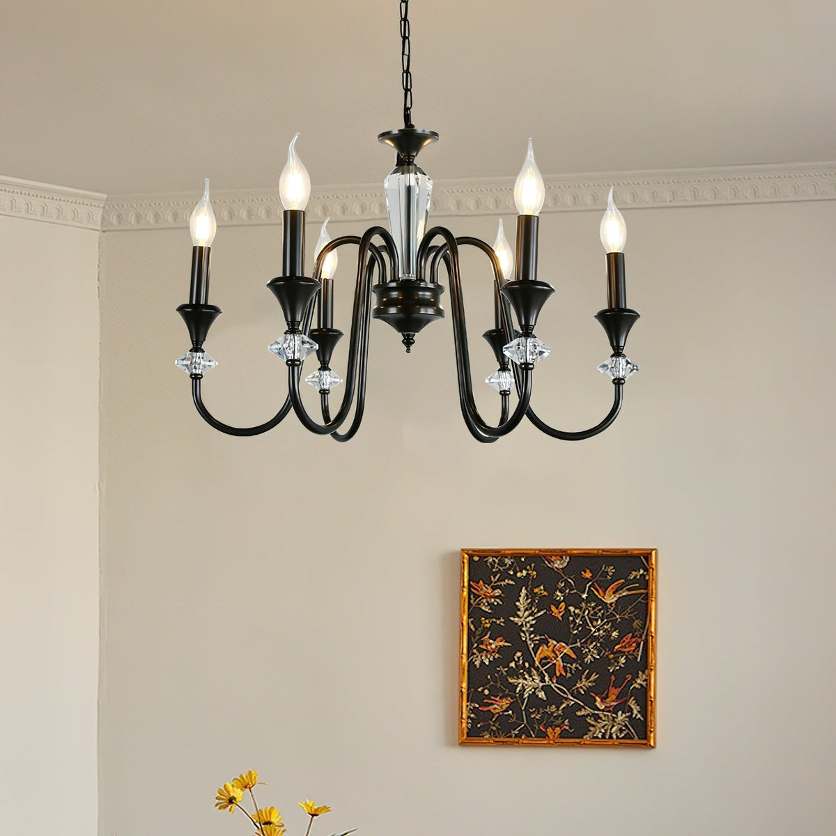 Selivora lámpara de araña negra y cristal estilo candelabro