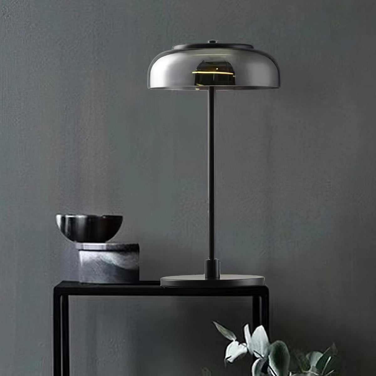 Rinelette lámpara de mesa con pantalla de vidrio transparente y base de madera
