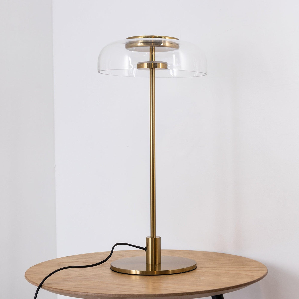 Rinelette lámpara de mesa con pantalla de vidrio transparente y base de madera