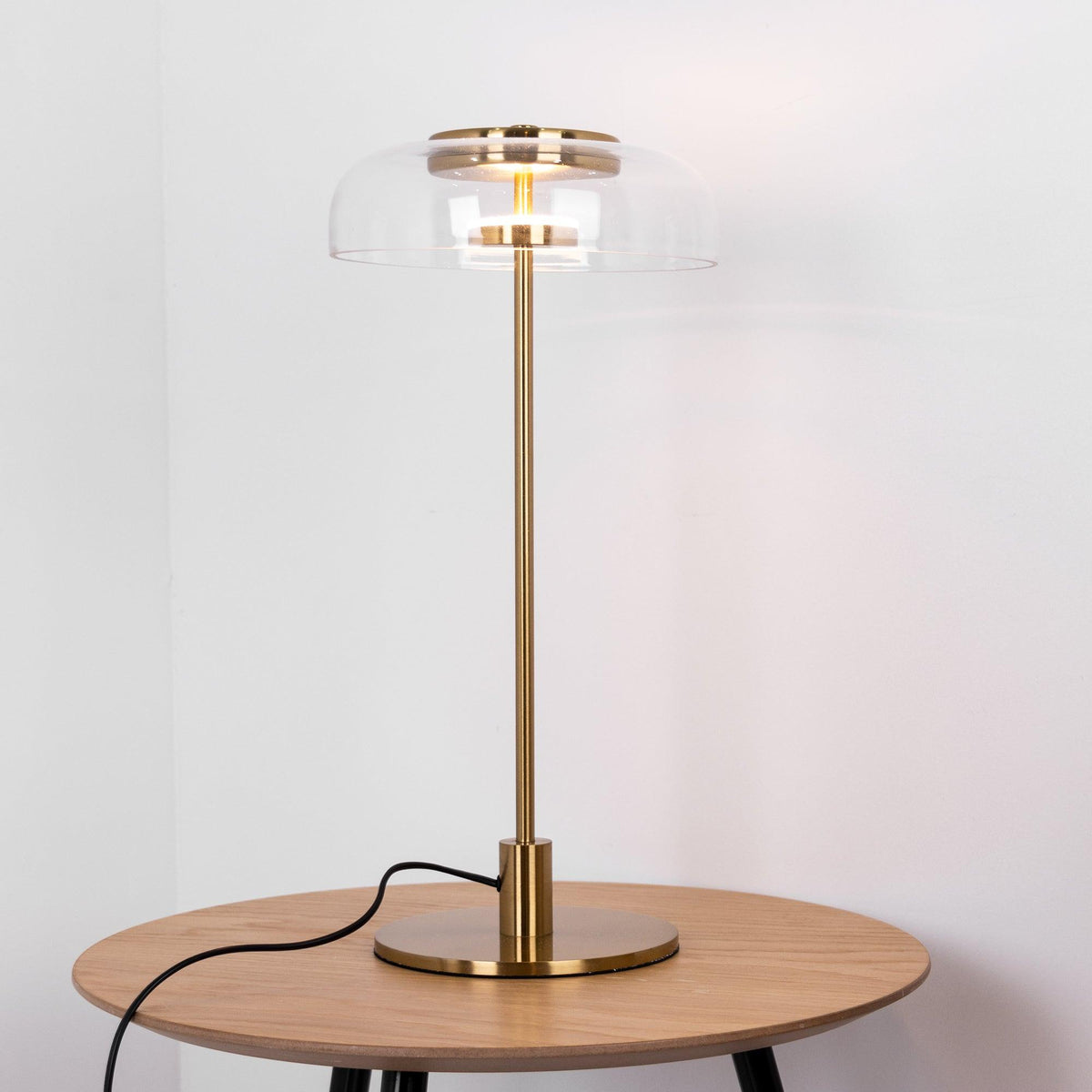 Rinelette lámpara de mesa con pantalla de vidrio transparente y base de madera